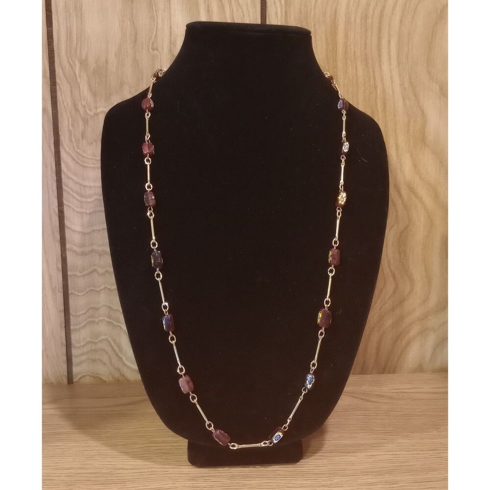Vtg Murano Style Brown Black Yellow Floral Glass Gold Tone 30" Bar Link Necklace